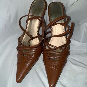 BCBG Womens Brown Strappy Pointed Toe High Heel Shoes 6.5 office siren leather